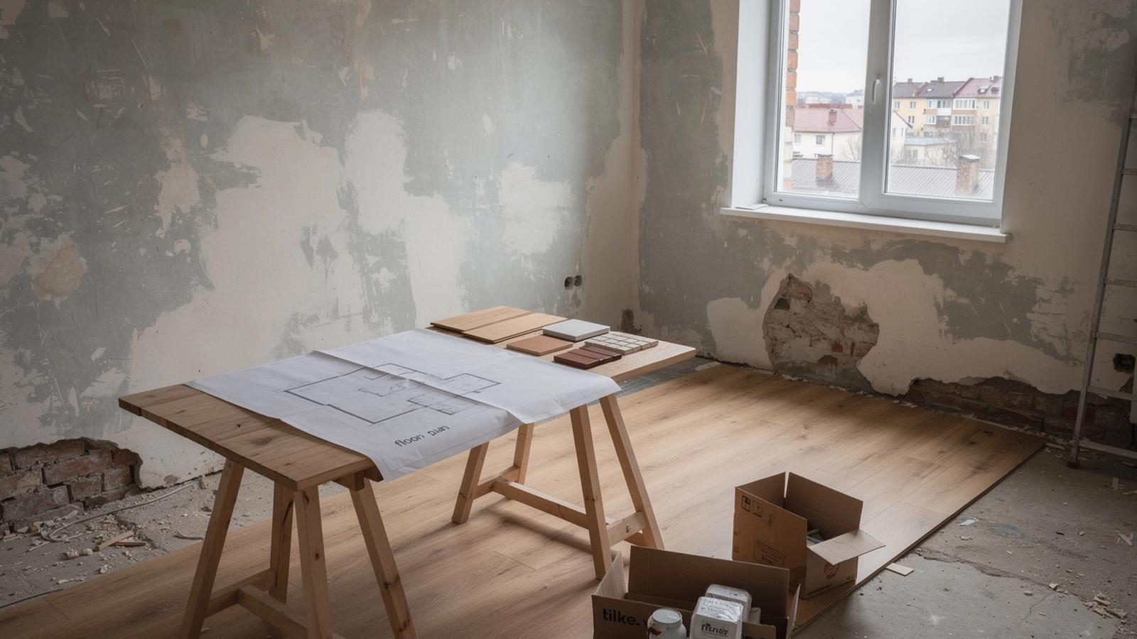 Living room mid-renovation in a Kyiv apartment with stripped plaster walls and freshly laid oak flooring